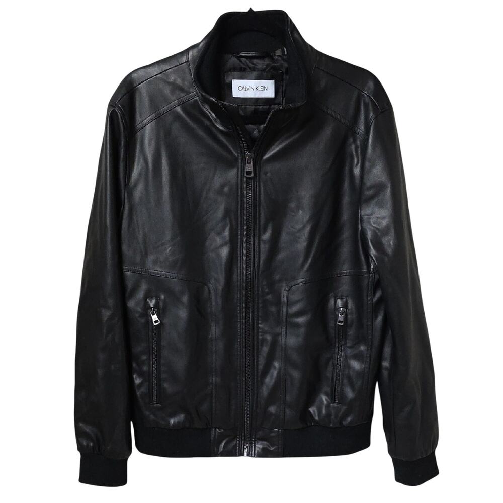 Calvin Klein Black Faux Leather Bomber Jacket Mens Size Medium